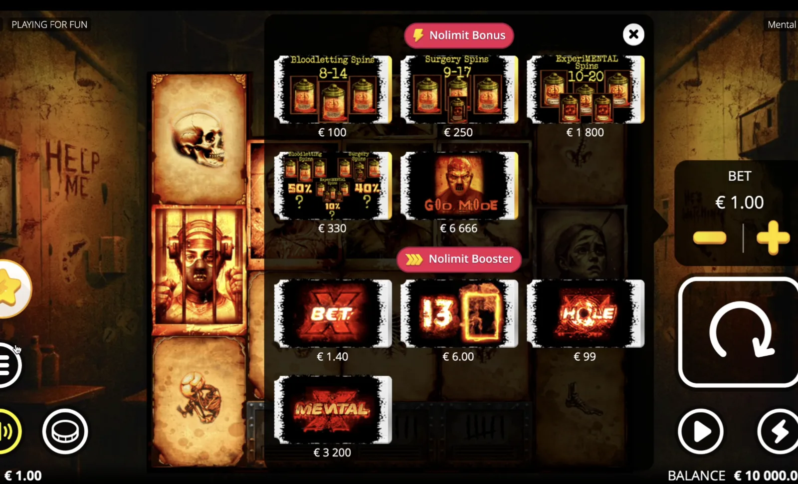 Mental II bet settings panel for Free Spins related guide