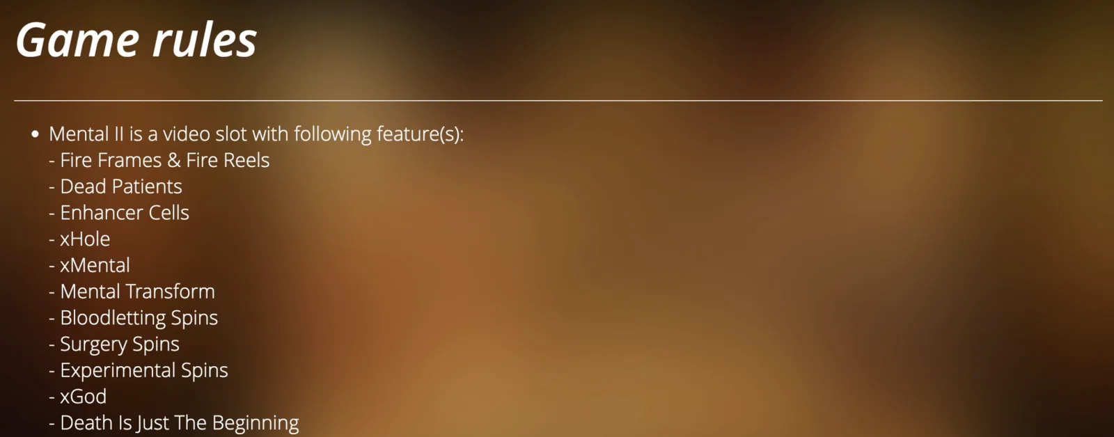 Mental II game rules menu for Features related guide