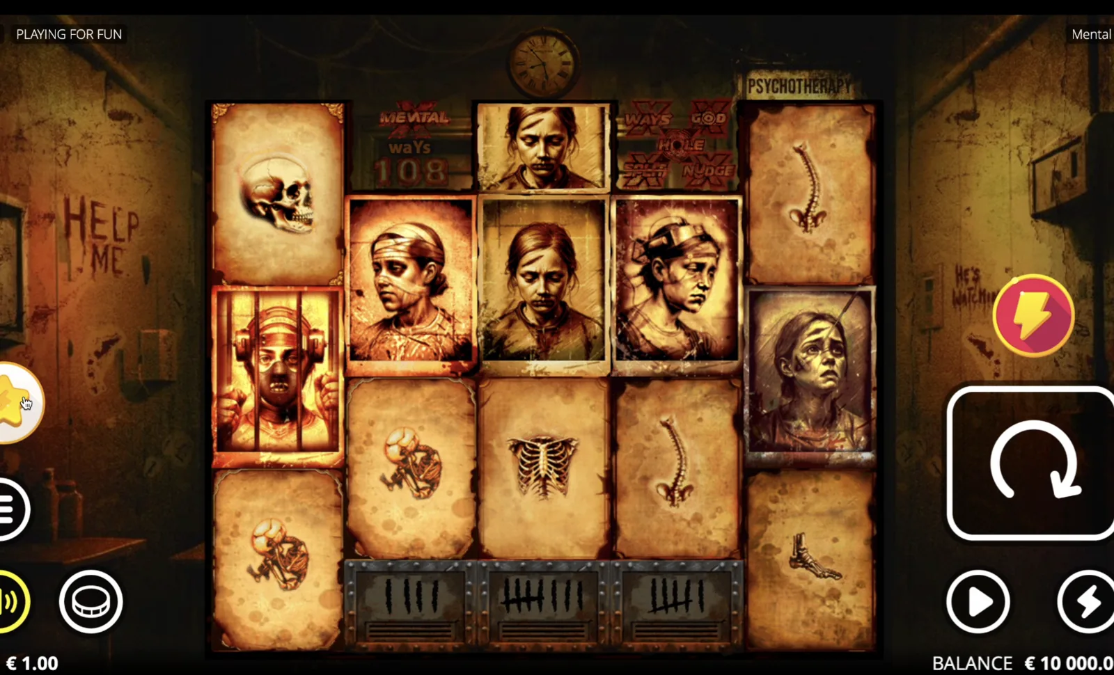 Mental slot main reels with patient and skeletal symbols